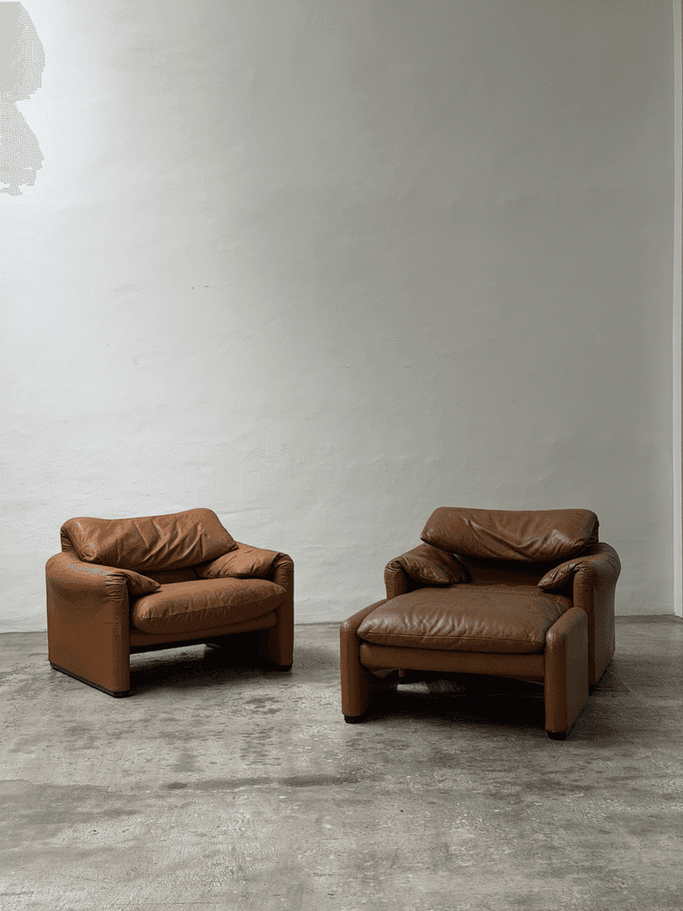 Vico Magistretti, Maralunga Armchair Brown Leather, Cassina
